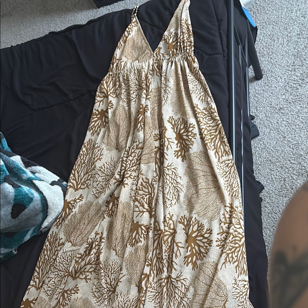 Beige and Brown Coral Print Maxi Dress